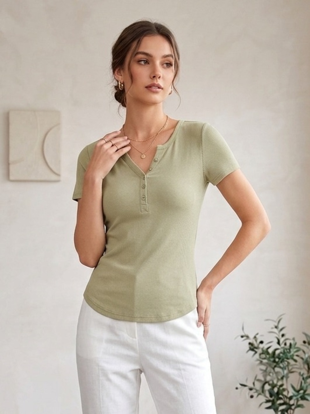Pink Rose Olive Green Ribbed Henley Tee